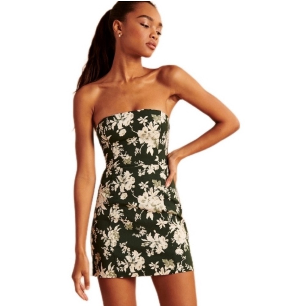 Abercrombie & Fitch Strapless Green Floral Mini Dress